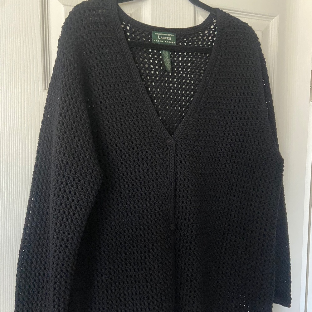 Lauren Ralph Lauren 3x Black Cardigan Sweater Lady Jacket cotton crochet
